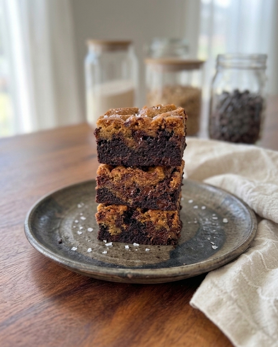 Stack of dark chocolate sea salt brookie slices showing brownie and cookie layers