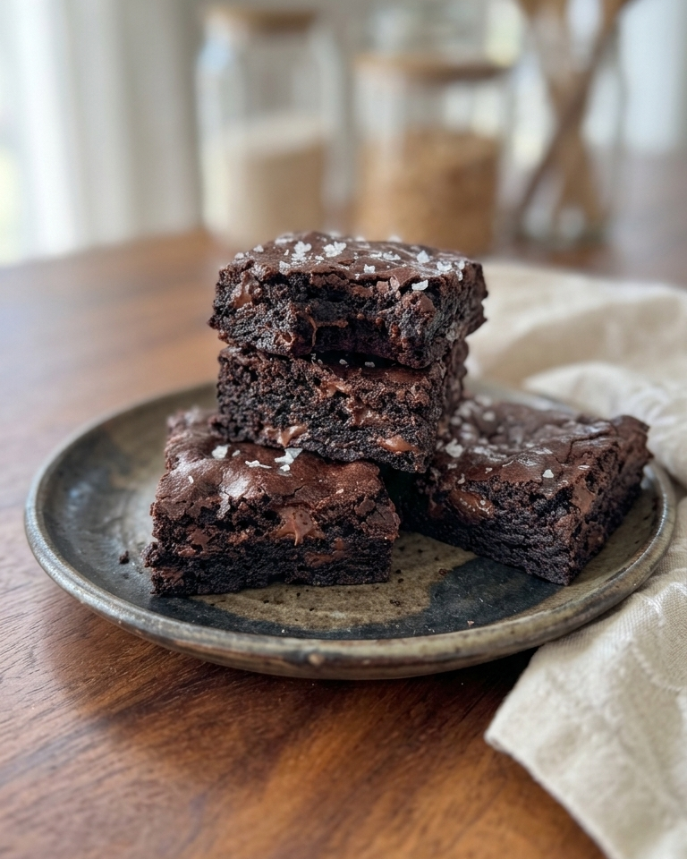 Three stacked chocolate brownies on a rustic ceramic plate, set on a wooden table with a soft-focus background of kitchen items.