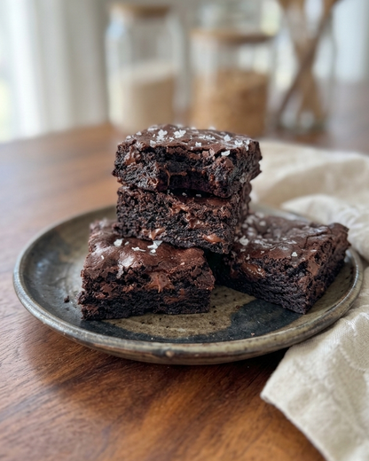 Three stacked chocolate brownies on a rustic ceramic plate, set on a wooden table with a soft-focus background of kitchen items.